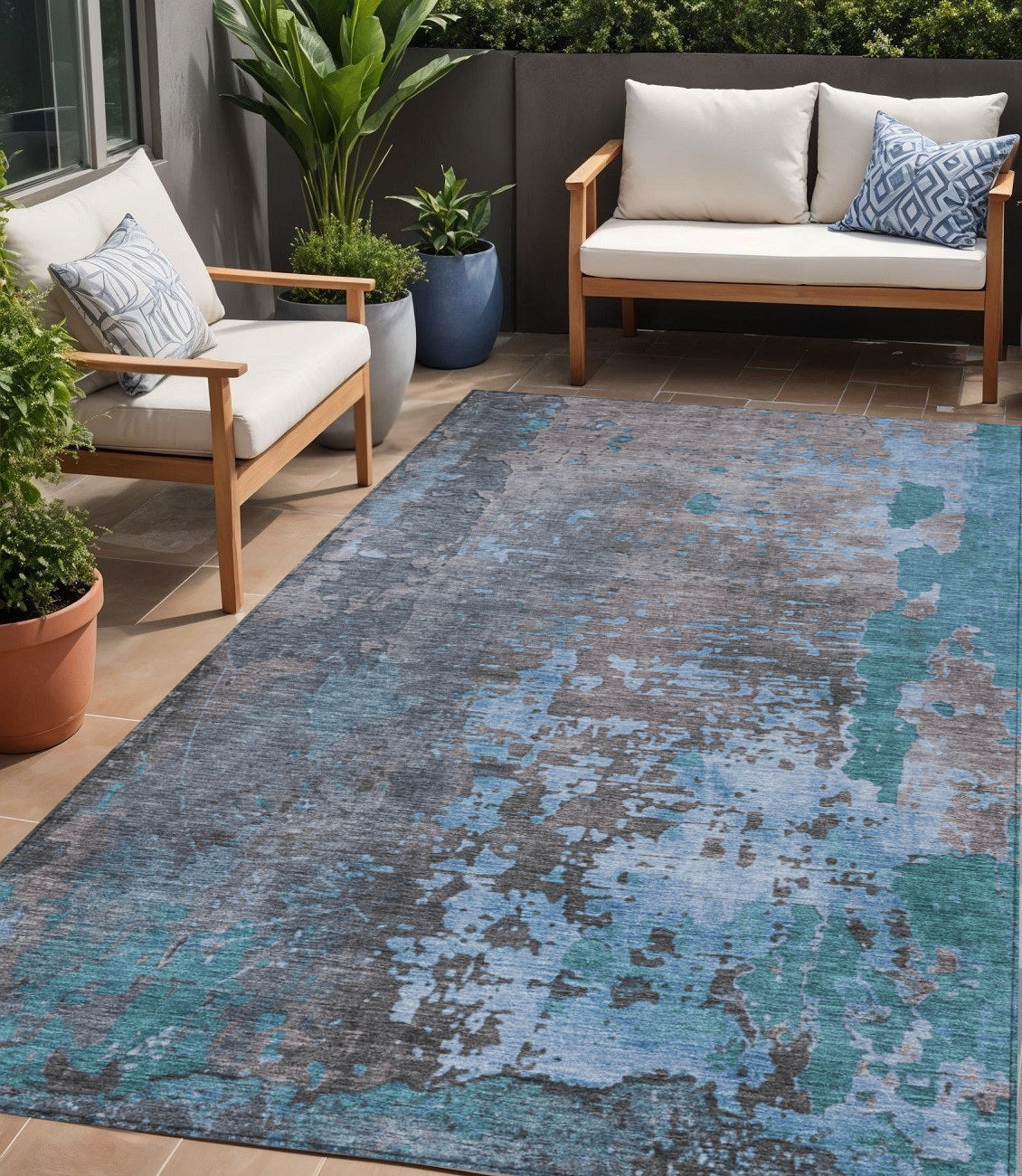 5 X 8 Teal Blue Taupe And Sky Blue Abstract Washable Indoor Outdoor Area Rug