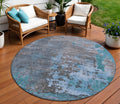 8 Teal Blue Taupe And Sky Blue Round Abstract Washable Indoor Outdoor Area Rug
