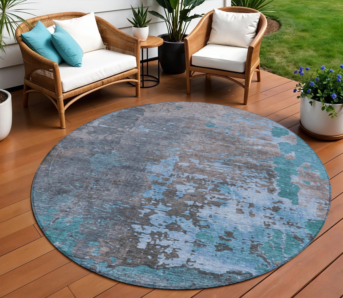 8 Teal Blue Taupe And Sky Blue Round Abstract Washable Indoor Outdoor Area Rug
