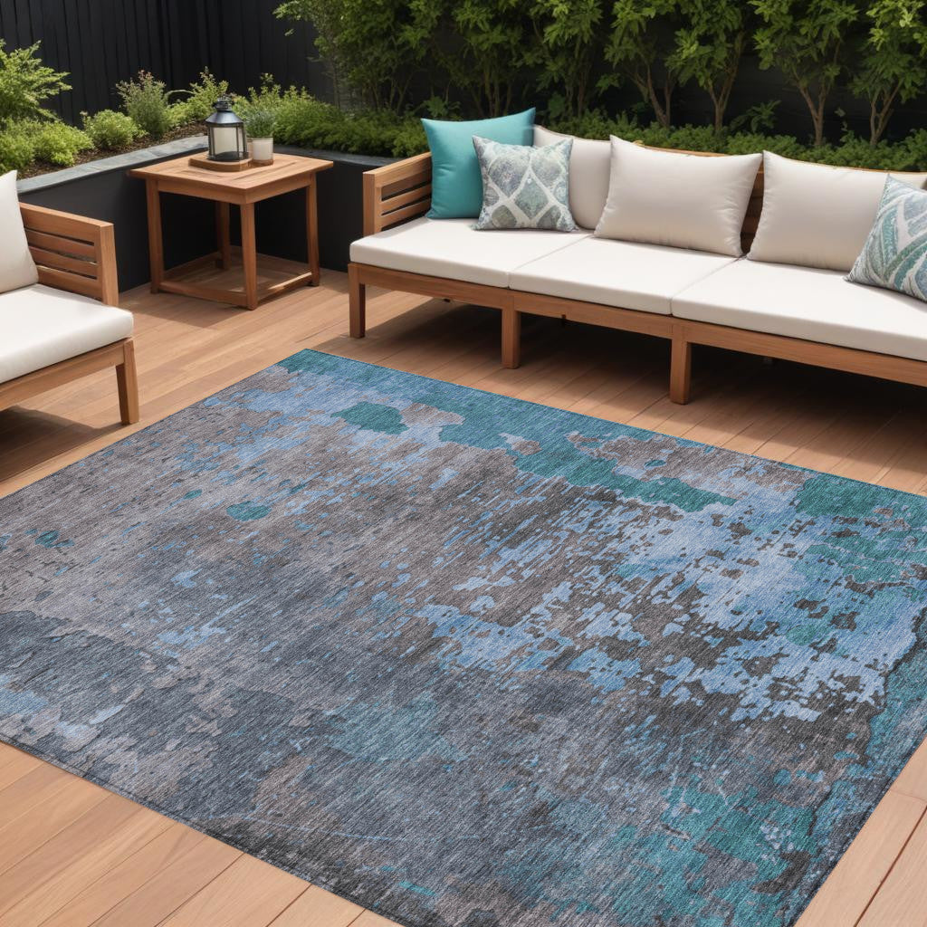 10 X 14 Teal Blue Taupe And Sky Blue Abstract Washable Indoor Outdoor Area Rug