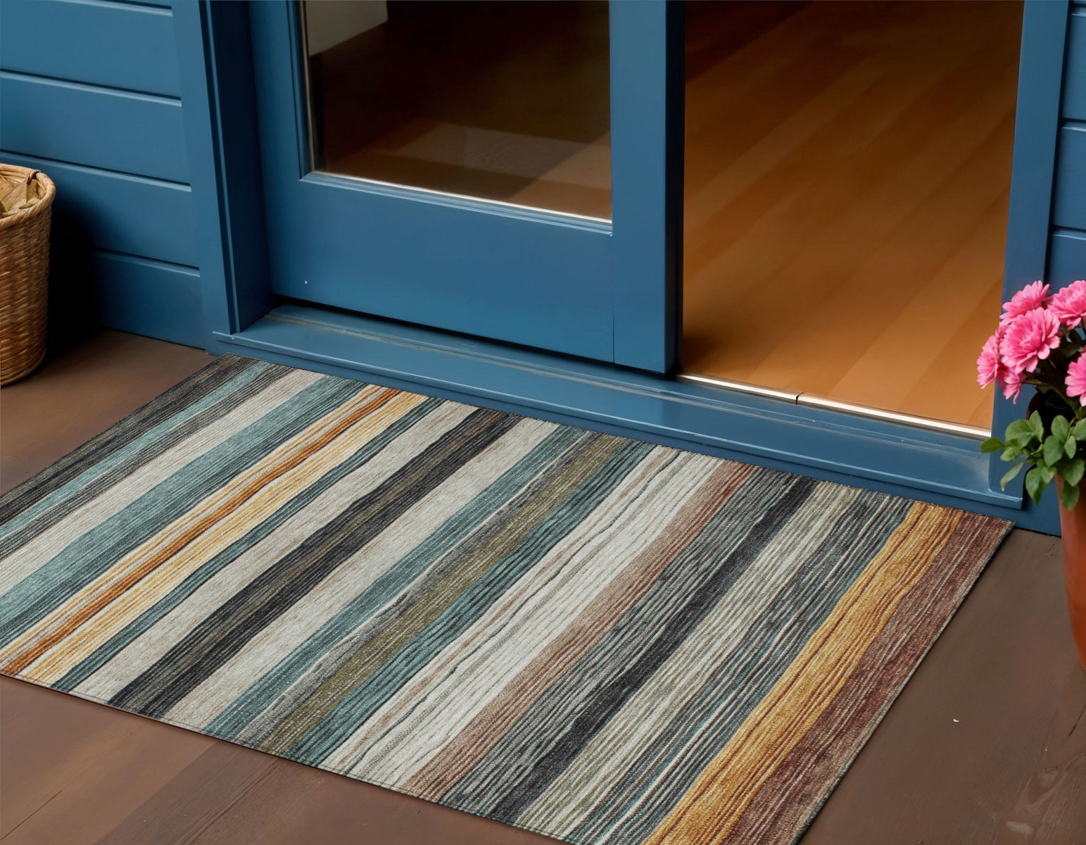 3 X 5 Beige Gold Brown And Taupe Striped Washable Indoor Outdoor Area Rug