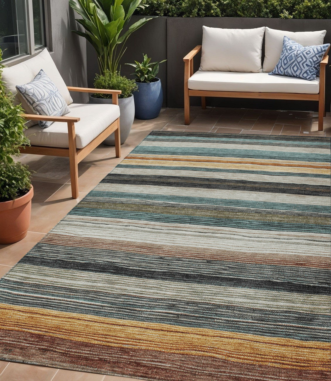 5 X 8 Beige Gold Brown And Taupe Striped Washable Indoor Outdoor Area Rug
