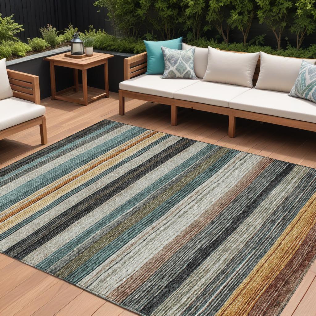 8 X 10 Beige Gold Brown And Taupe Striped Washable Indoor Outdoor Area Rug