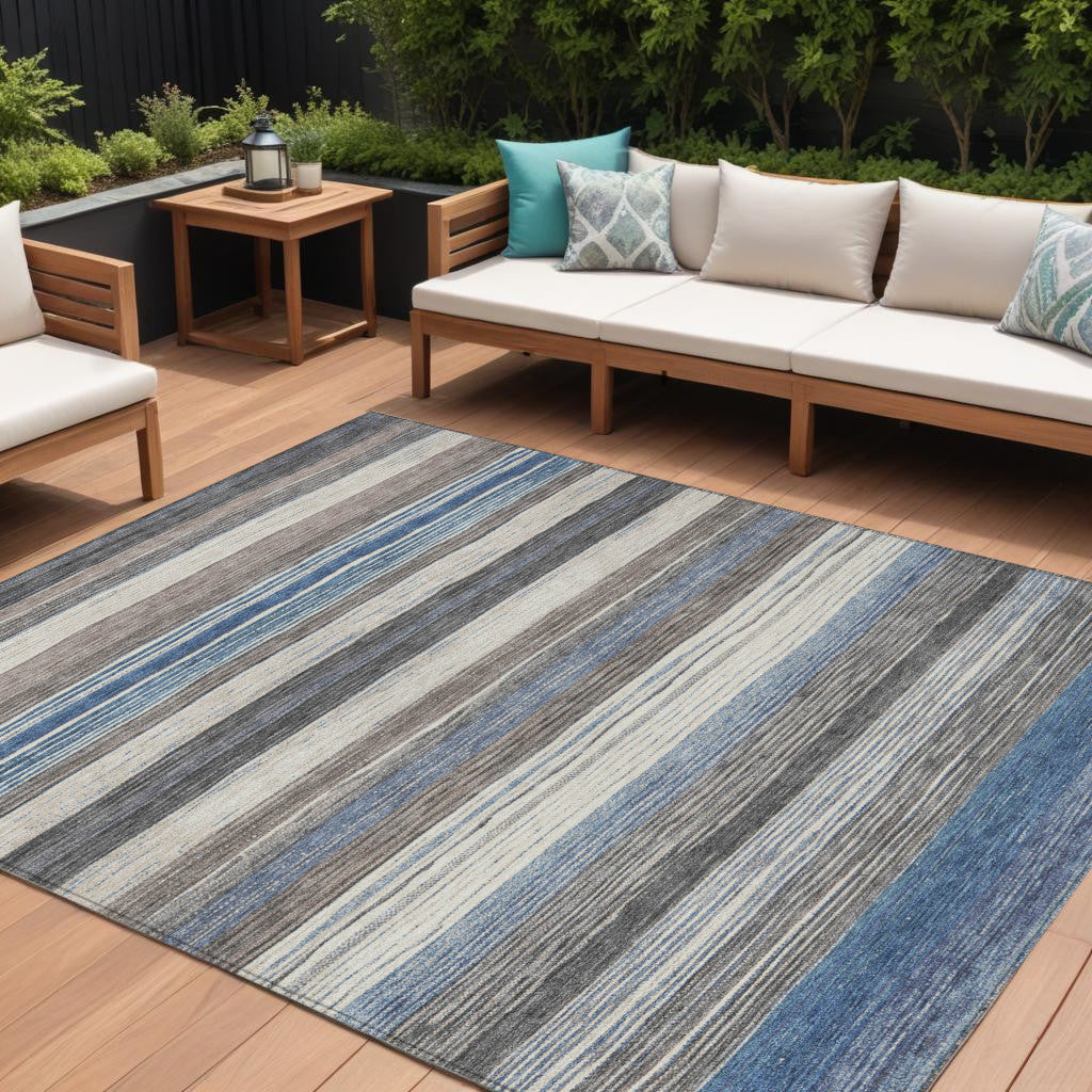 9 X 12 Denim Blue Beige And Taupe Striped Washable Indoor Outdoor Area Rug