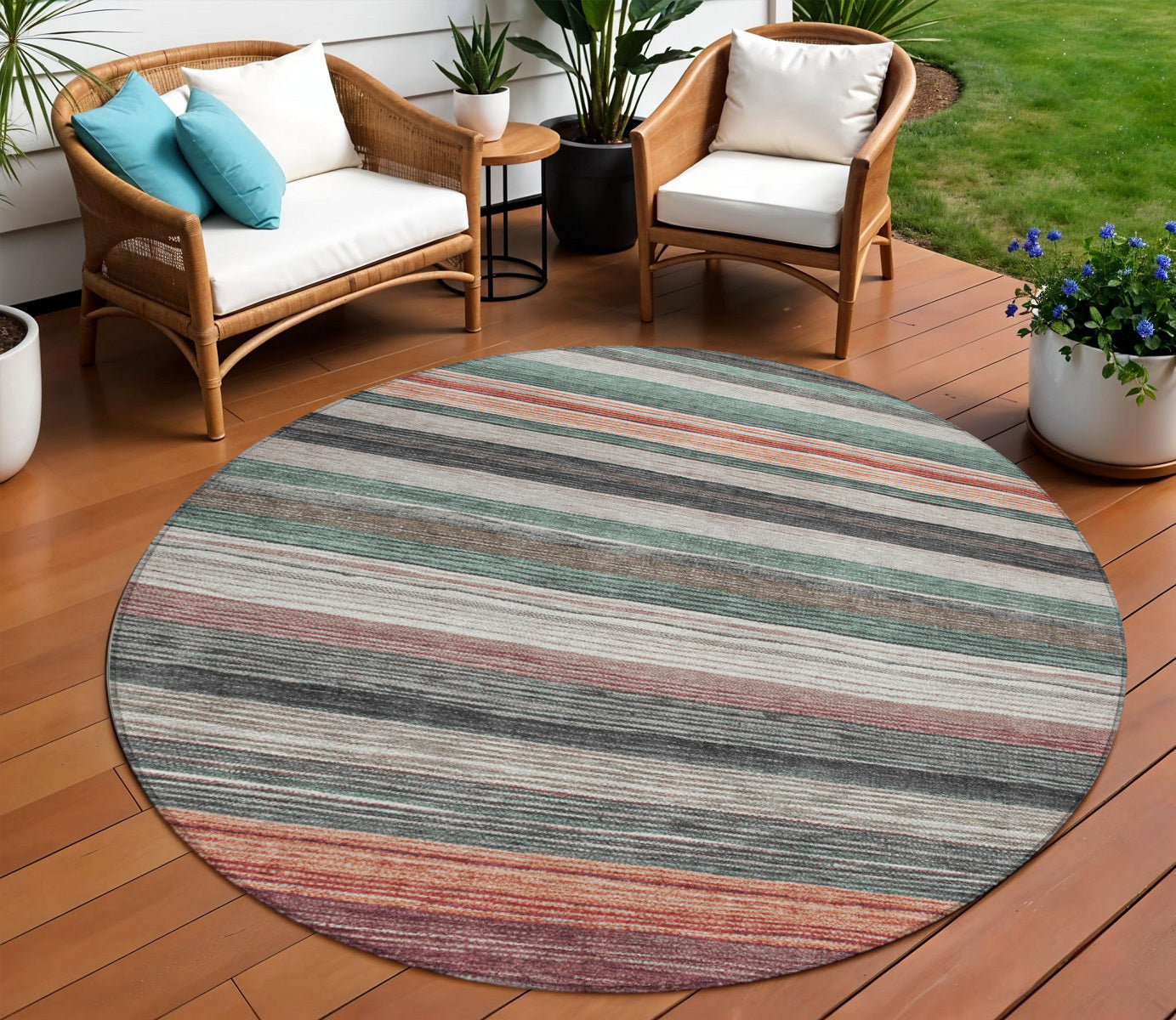 8 Pale Aqua Copper And Taupe Round Striped Washable Indoor Outdoor Area Rug
