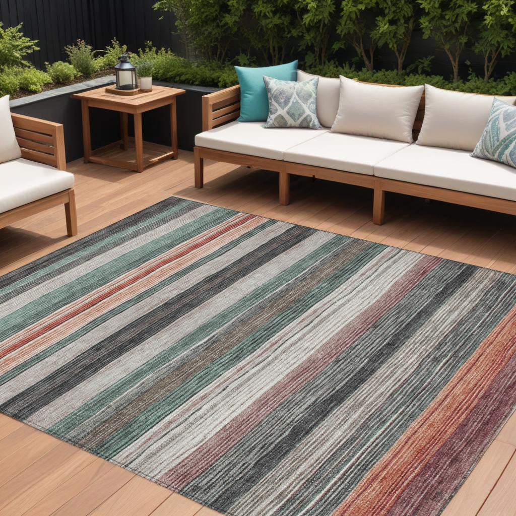 10 X 14 Pale Aqua Copper And Taupe Striped Washable Indoor Outdoor Area Rug