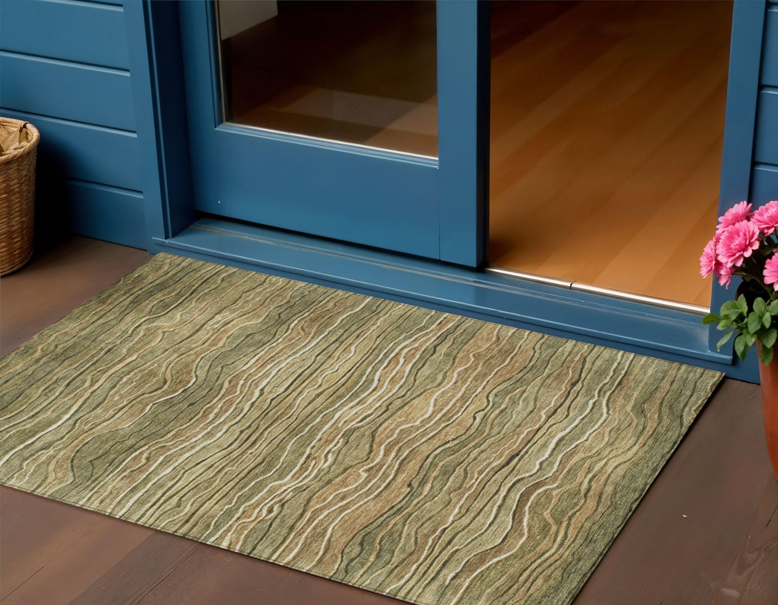3 X 5 Fern Green And Taupe Abstract Washable Indoor Outdoor Area Rug