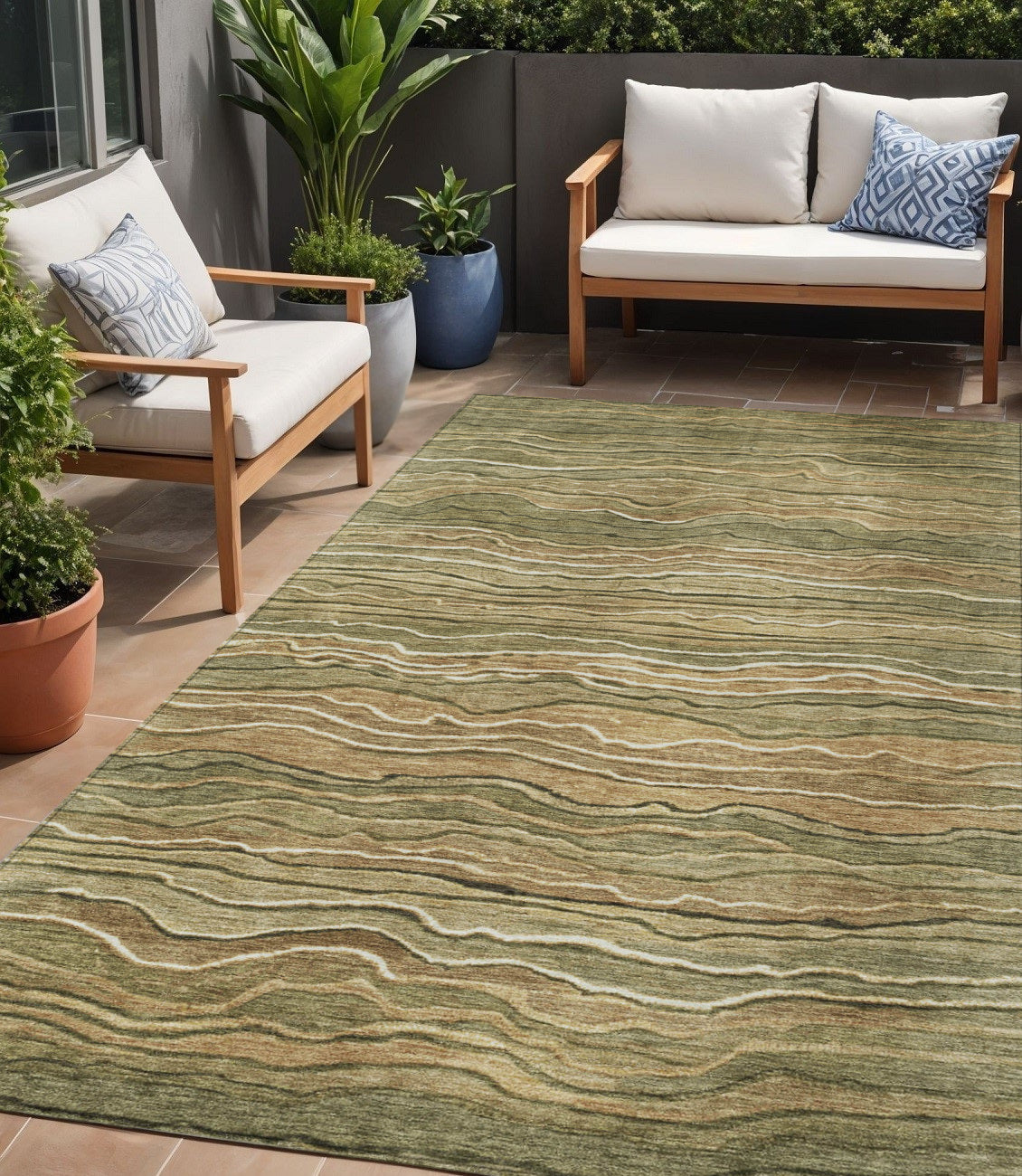 5 X 8 Fern Green And Taupe Abstract Washable Indoor Outdoor Area Rug
