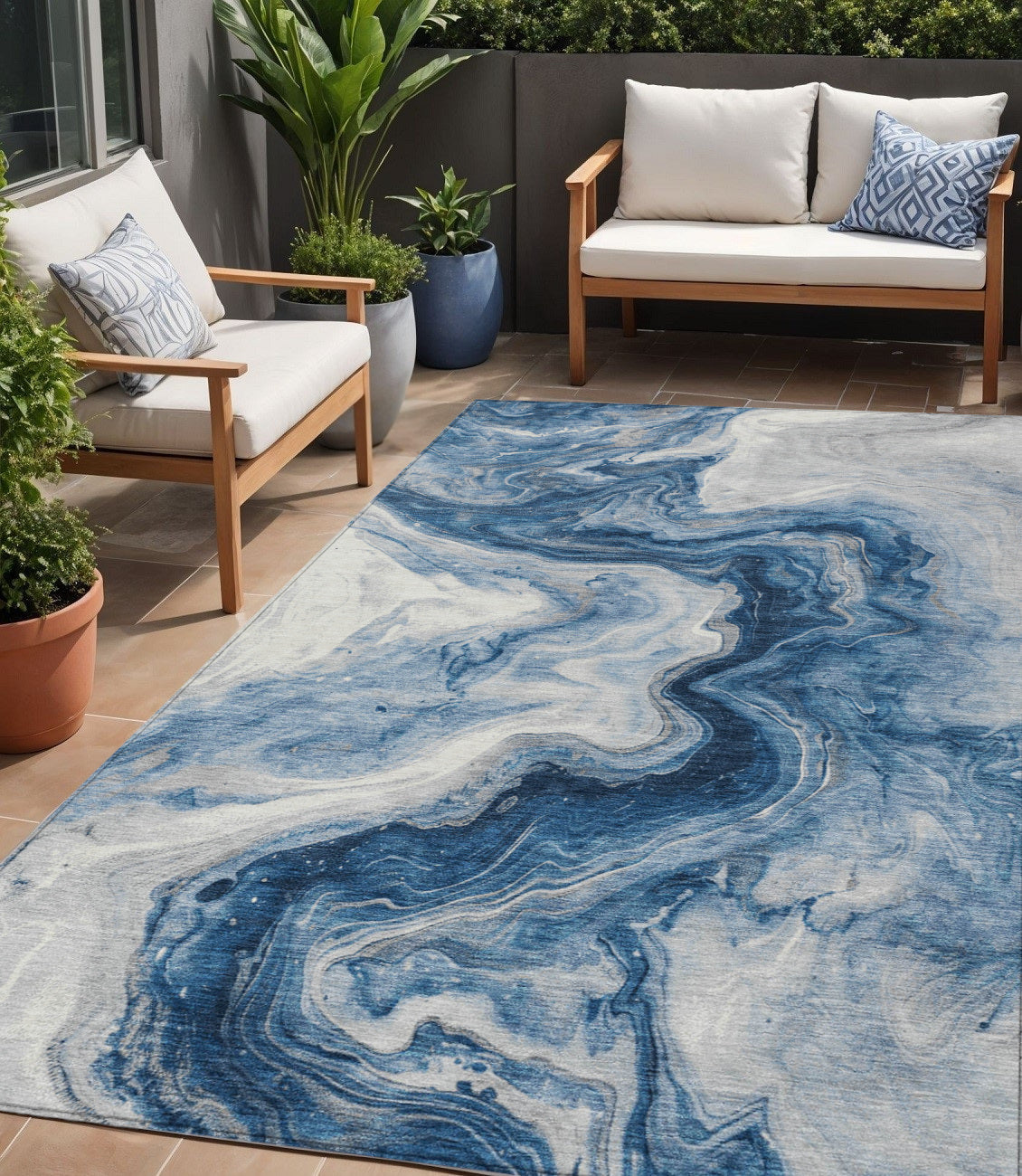 5 X 8 Navy Blue And Silver Abstract Washable Indoor Outdoor Area Rug