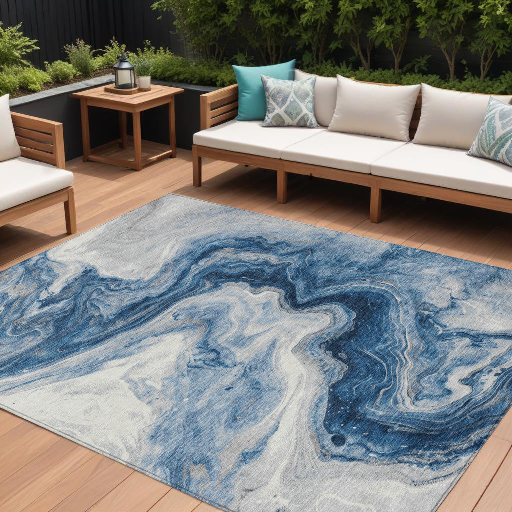 9 X 12 Navy Blue And Silver Abstract Washable Indoor Outdoor Area Rug