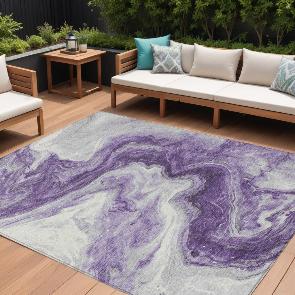 9 X 12 Purple And Silver Abstract Washable Indoor Outdoor Area Rug