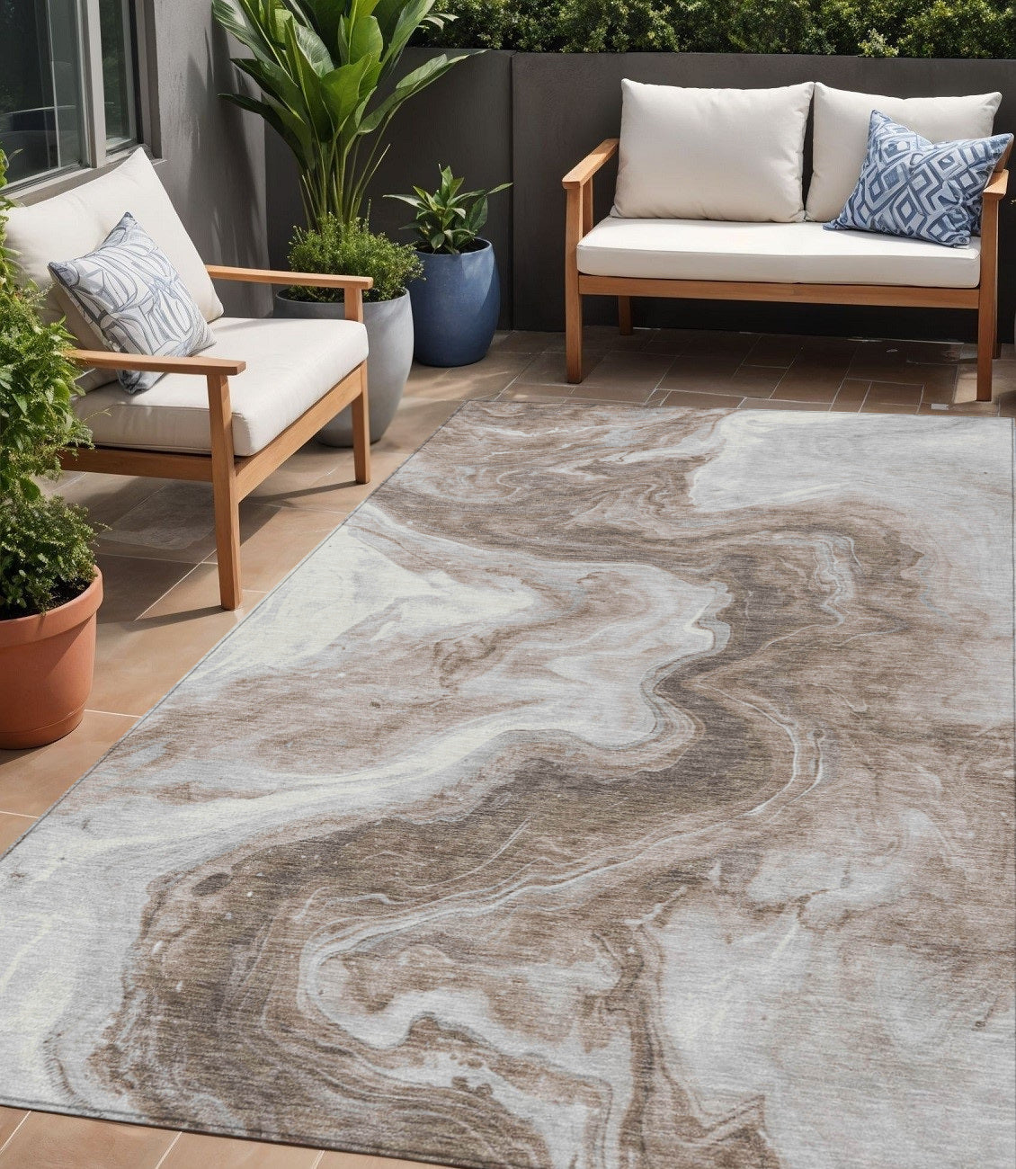 5 X 8 Taupe And Silver Abstract Washable Indoor Outdoor Area Rug