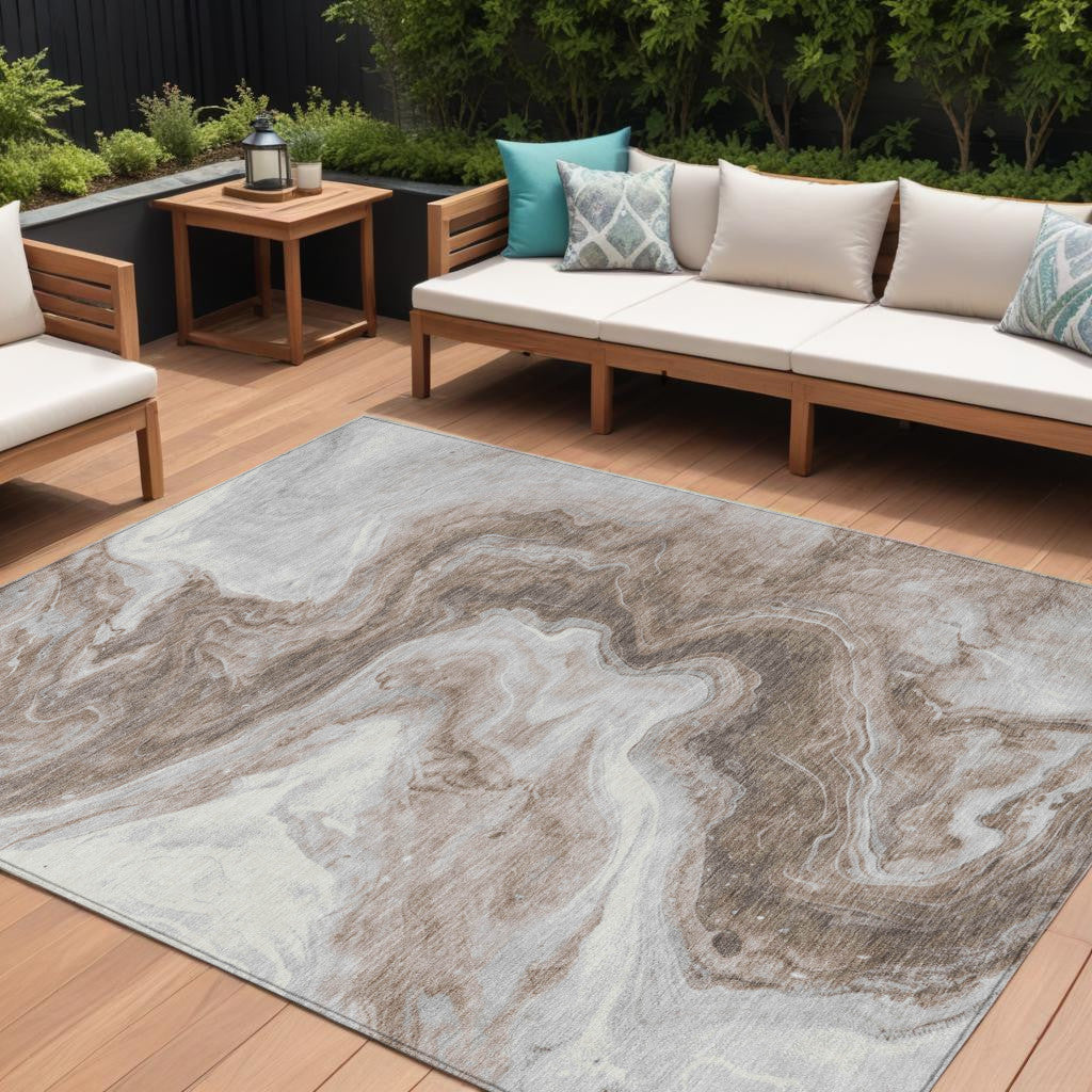 10 X 14 Taupe And Silver Abstract Washable Indoor Outdoor Area Rug