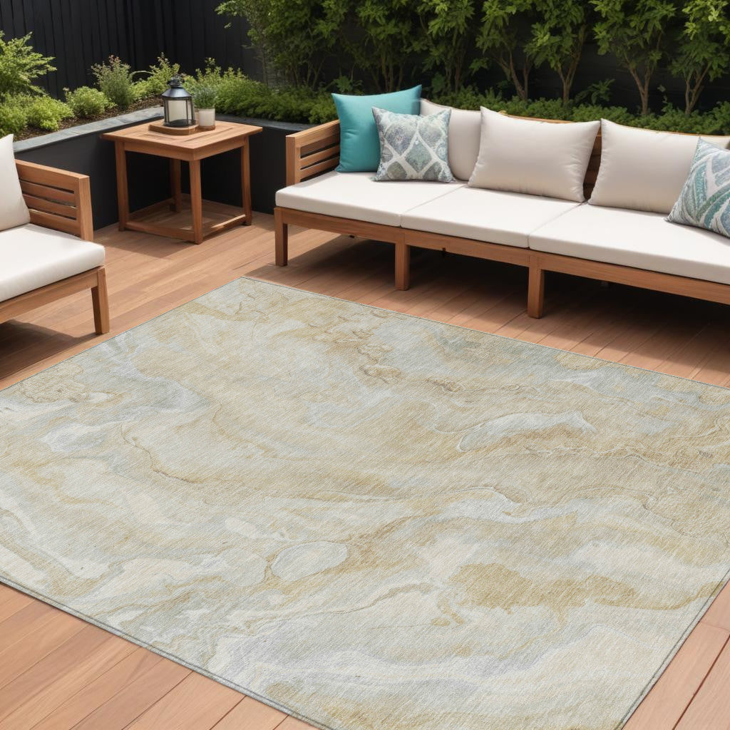 8 X 10 Beige And Silver Abstract Washable Indoor Outdoor Area Rug