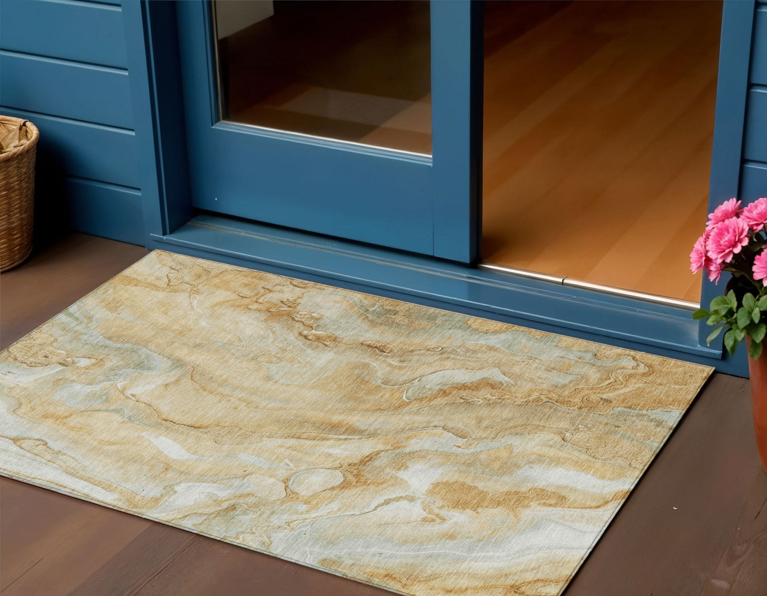 3 X 5 Gold And Silver Abstract Washable Indoor Outdoor Area Rug