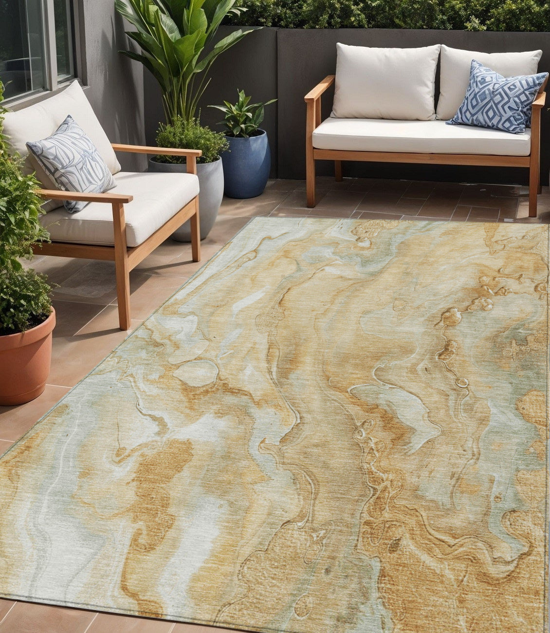 5 X 8 Gold And Silver Abstract Washable Indoor Outdoor Area Rug