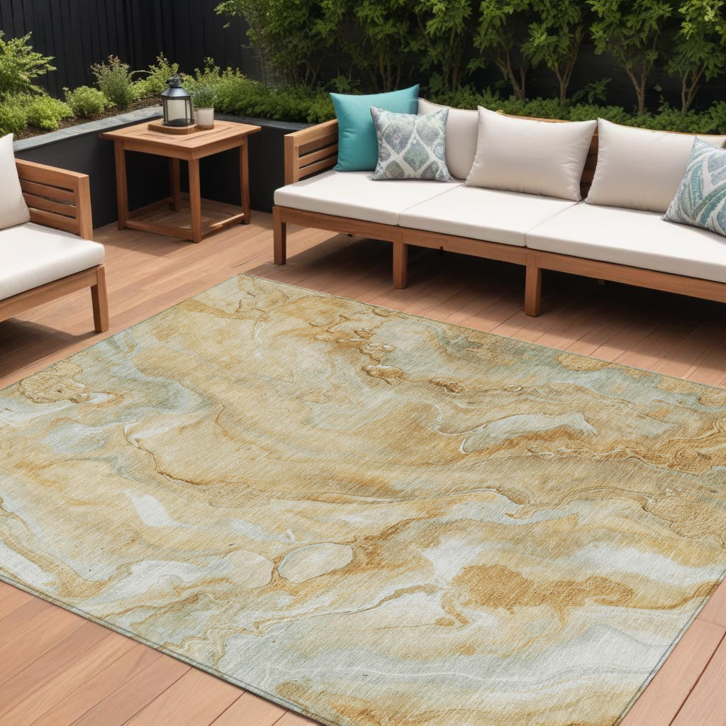 10 X 14 Gold And Silver Abstract Washable Indoor Outdoor Area Rug