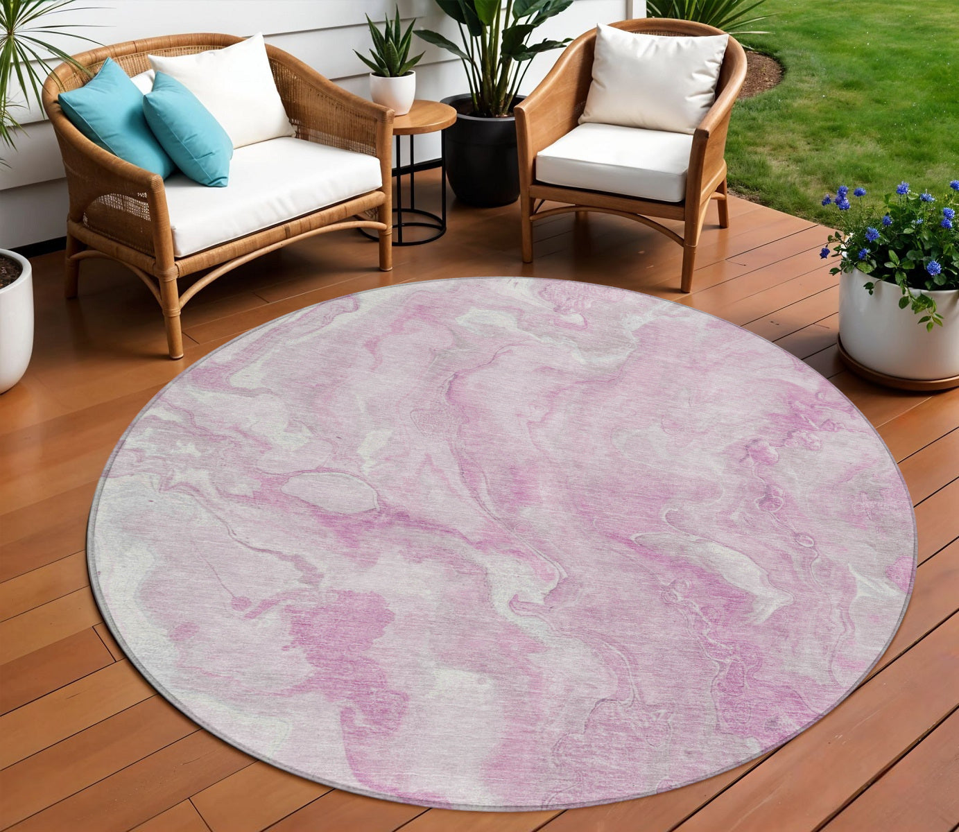 8 Pink And Silver Round Abstract Washable Indoor Outdoor Area Rug