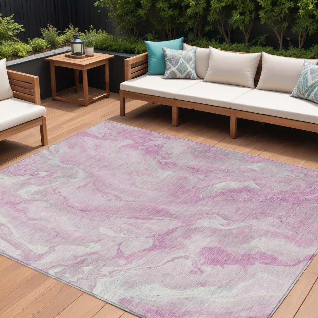9 X 12 Pink And Silver Abstract Washable Indoor Outdoor Area Rug