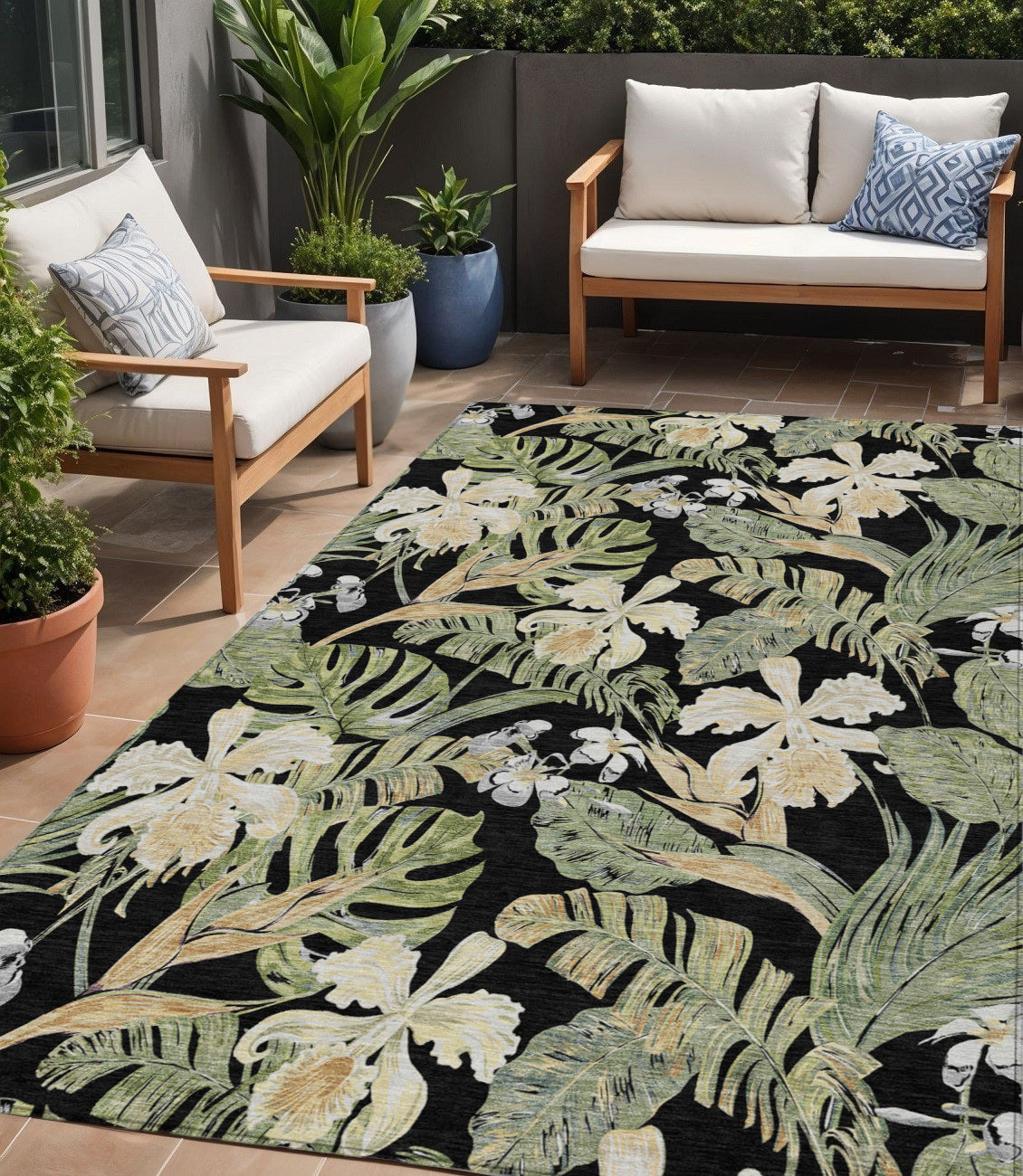 5 X 8 Black Beige And Fern Green Botanical Leaves Washable Indoor Outdoor Area Rug