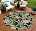 8 Black Beige And Fern Green Round Botanical Leaves Washable Indoor Outdoor Area Rug