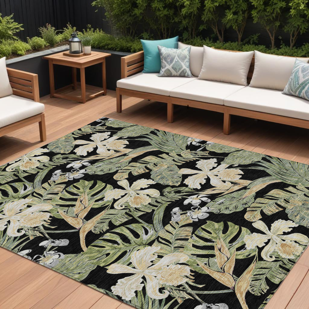 10 X 14 Black Beige And Fern Green Botanical Leaves Washable Indoor Outdoor Area Rug