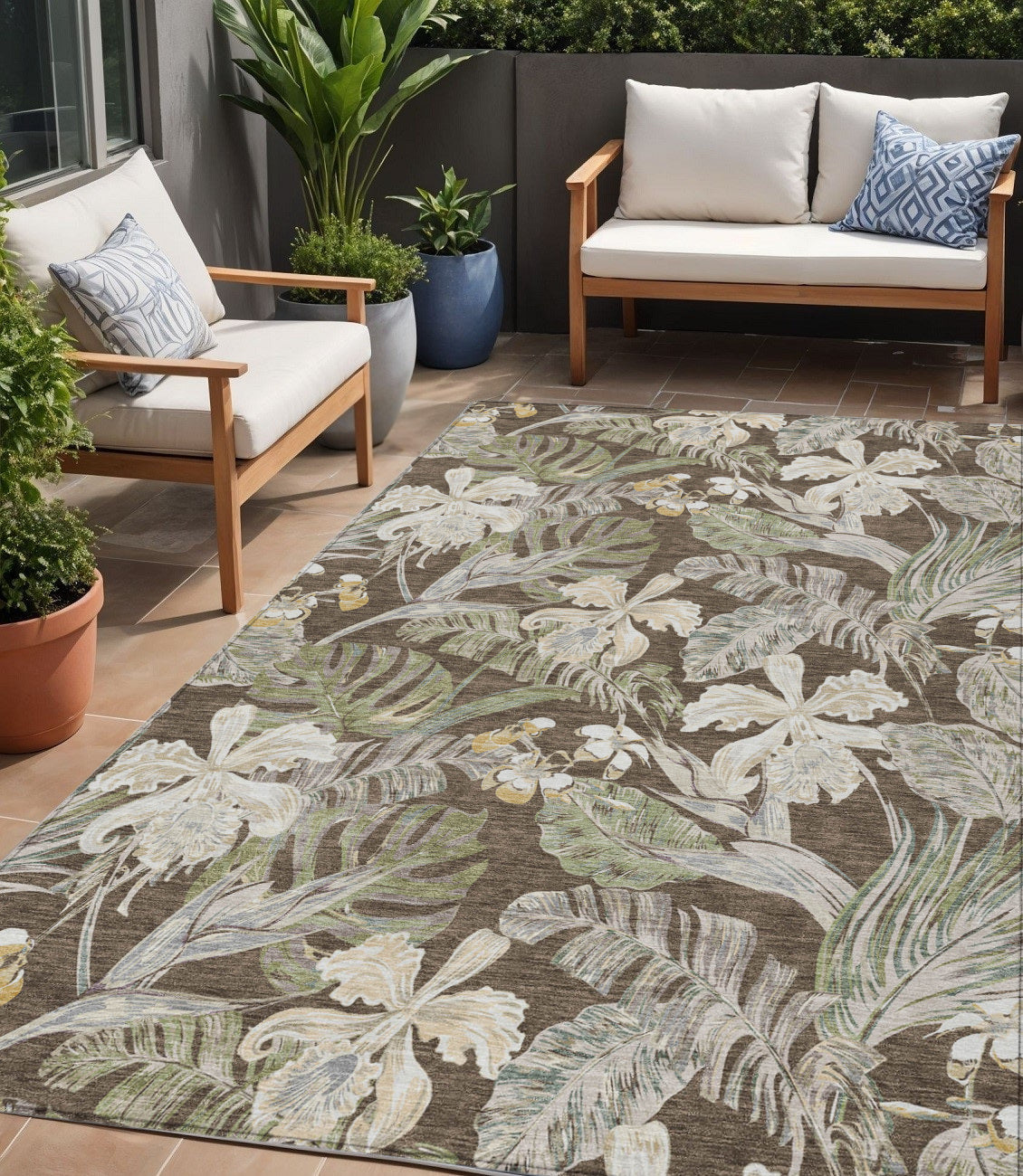 5 X 8 Brown Beige And Olive Green Botanical Leaves Washable Indoor Outdoor Area Rug