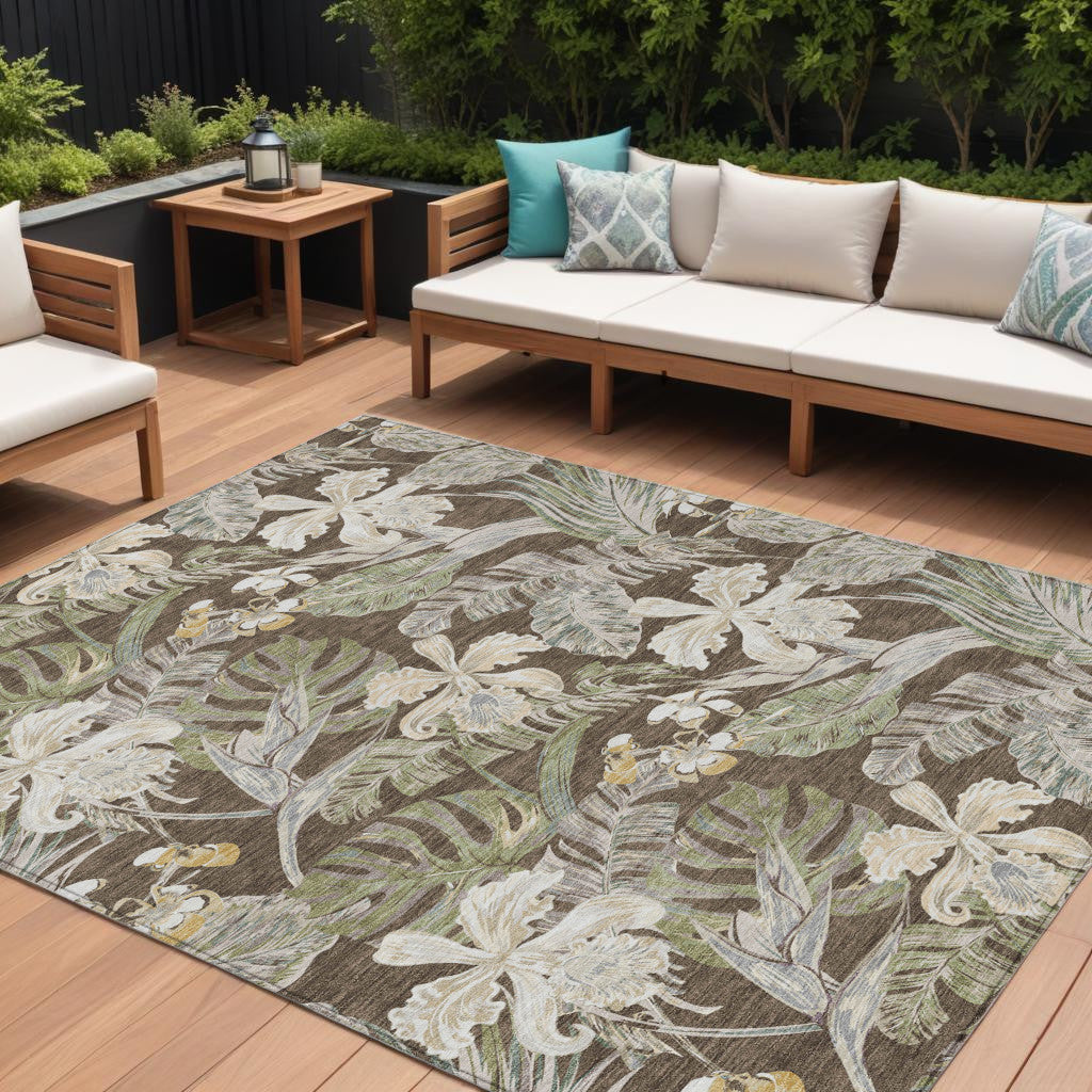 9 X 12 Brown Beige And Olive Green Botanical Leaves Washable Indoor Outdoor Area Rug