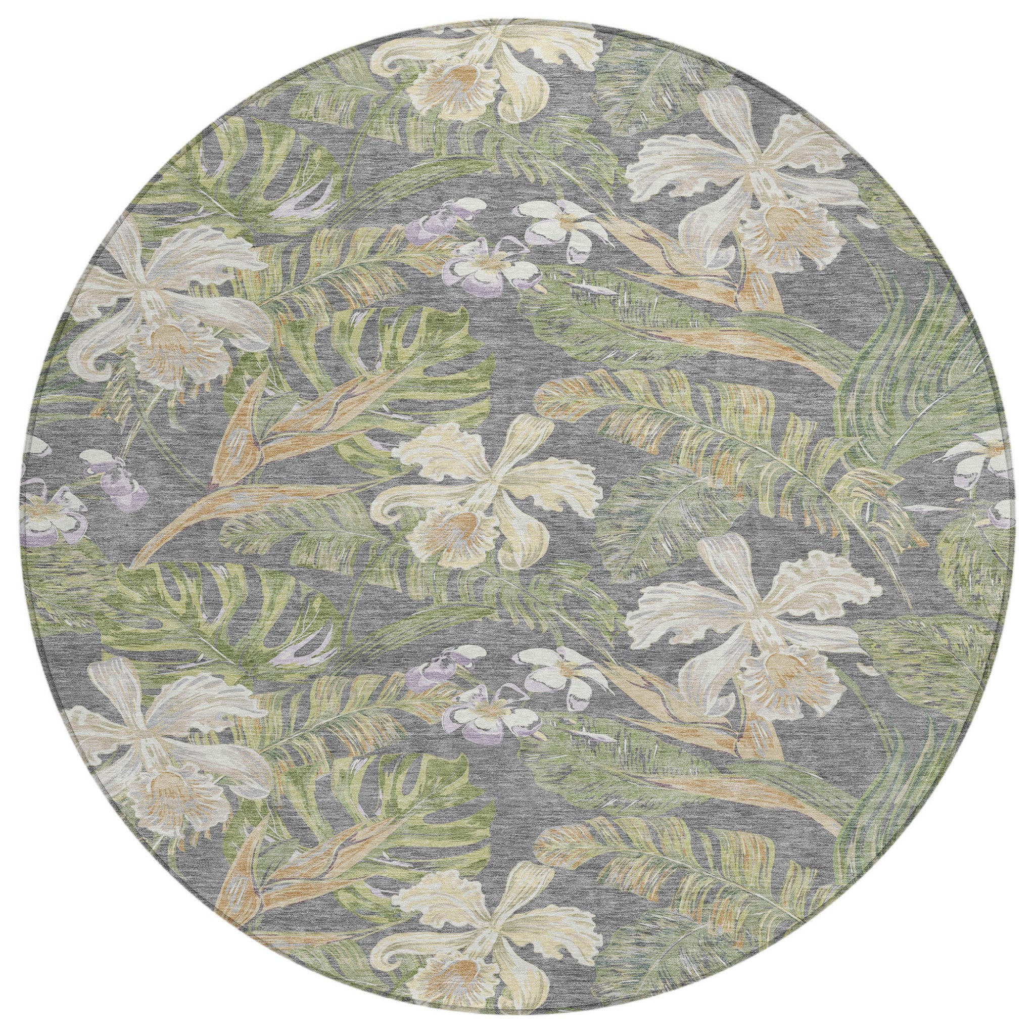 8 Gray Beige And Olive Green Round Botanical Leaves Washable Indoor Outdoor Area Rug