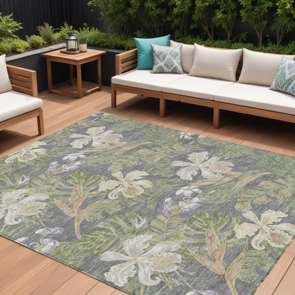 10 X 14 Gray Beige And Olive Green Botanical Leaves Washable Indoor Outdoor Area Rug