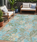 5 X 8 Teal Blue Olive Green And Beige Botanical Leaves Washable Indoor Outdoor Area Rug
