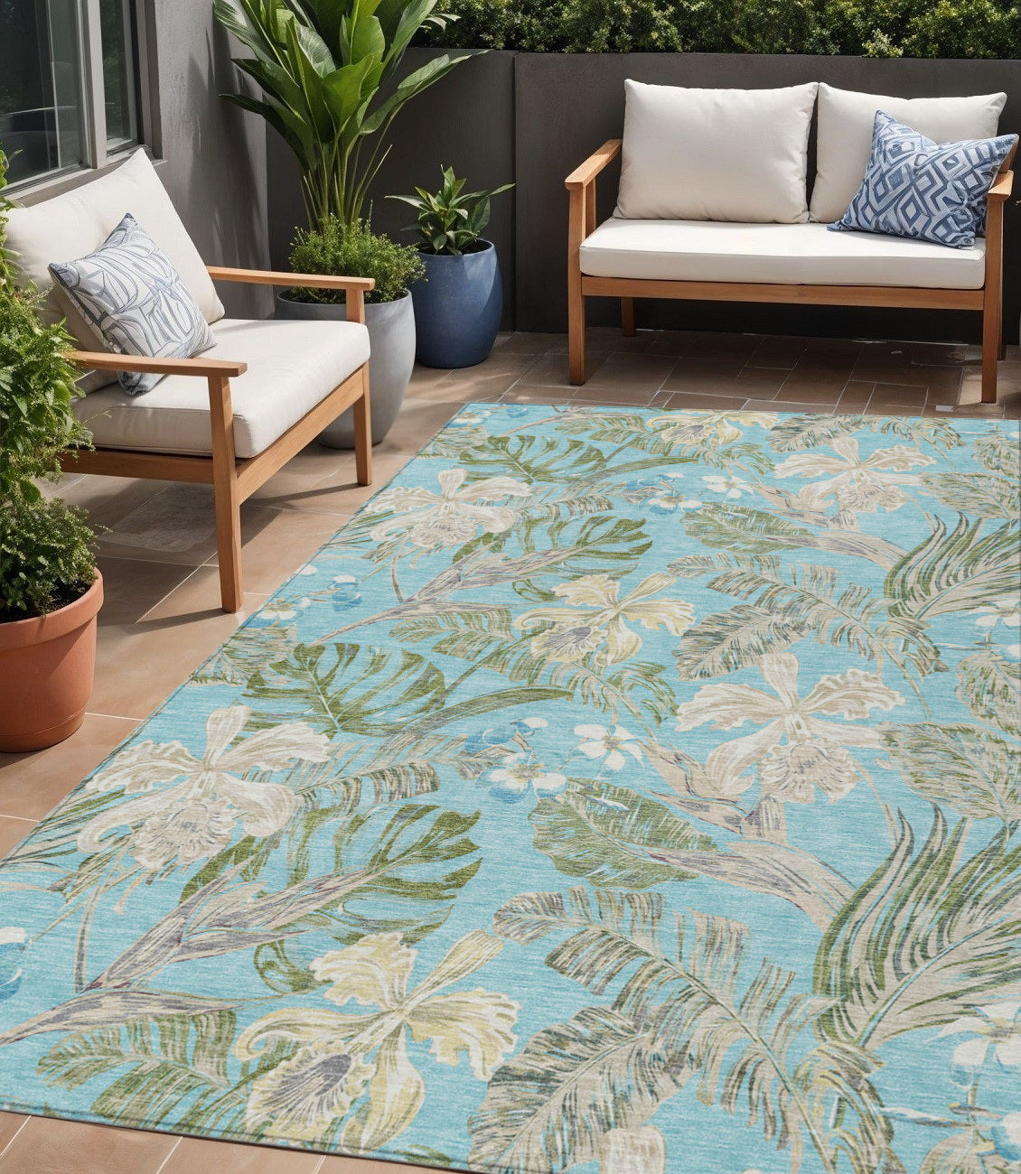 5 X 8 Teal Blue Olive Green And Beige Botanical Leaves Washable Indoor Outdoor Area Rug