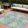 9 X 12 Teal Blue Olive Green And Beige Botanical Leaves Washable Indoor Outdoor Area Rug