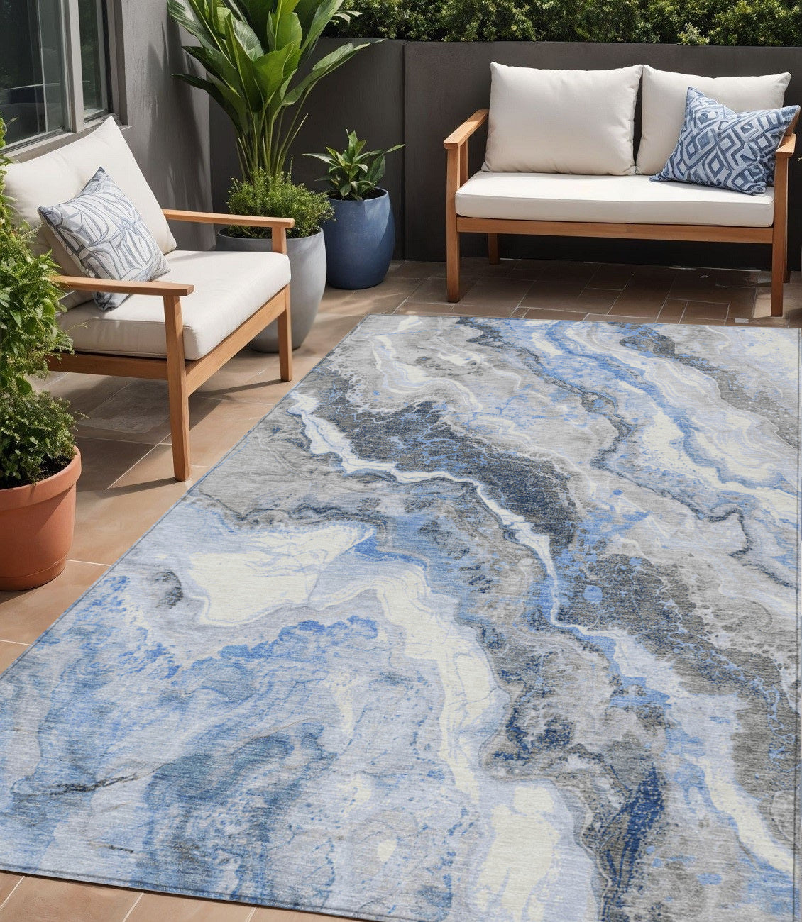 5 X 8 Blue And Silver Abstract Washable Indoor Outdoor Area Rug
