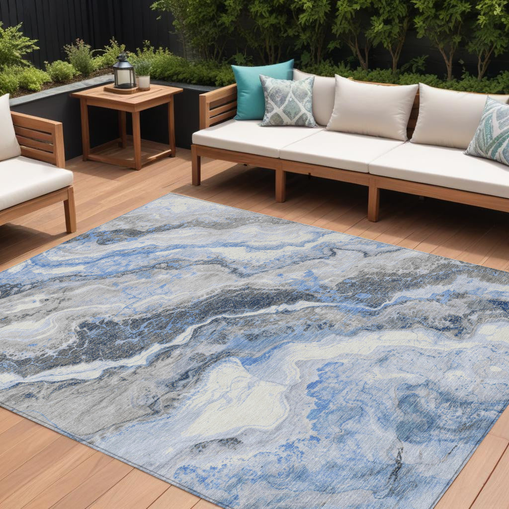 10 X 14 Blue And Silver Abstract Washable Indoor Outdoor Area Rug