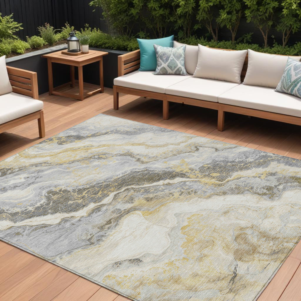 9 X 12 Gold And Silver Abstract Washable Indoor Outdoor Area Rug