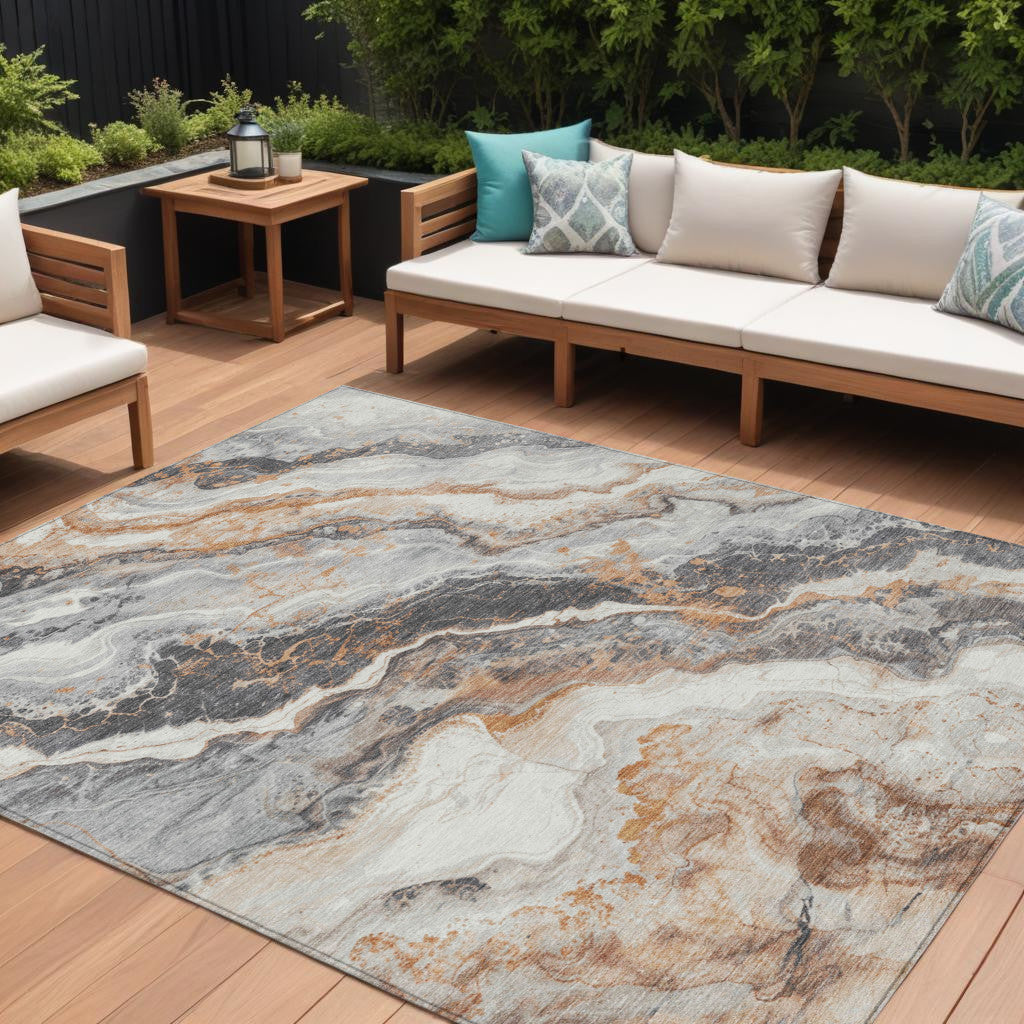 9 X 12 Silver And Copper Abstract Washable Indoor Outdoor Area Rug