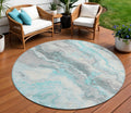 8 Teal Blue And Silver Round Abstract Washable Indoor Outdoor Area Rug