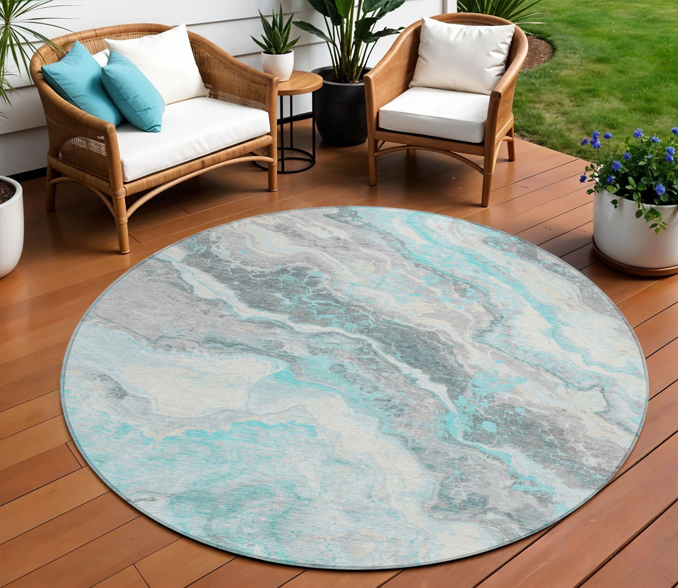 8 Teal Blue And Silver Round Abstract Washable Indoor Outdoor Area Rug