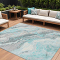 8 X 10 Teal Blue And Silver Abstract Washable Indoor Outdoor Area Rug