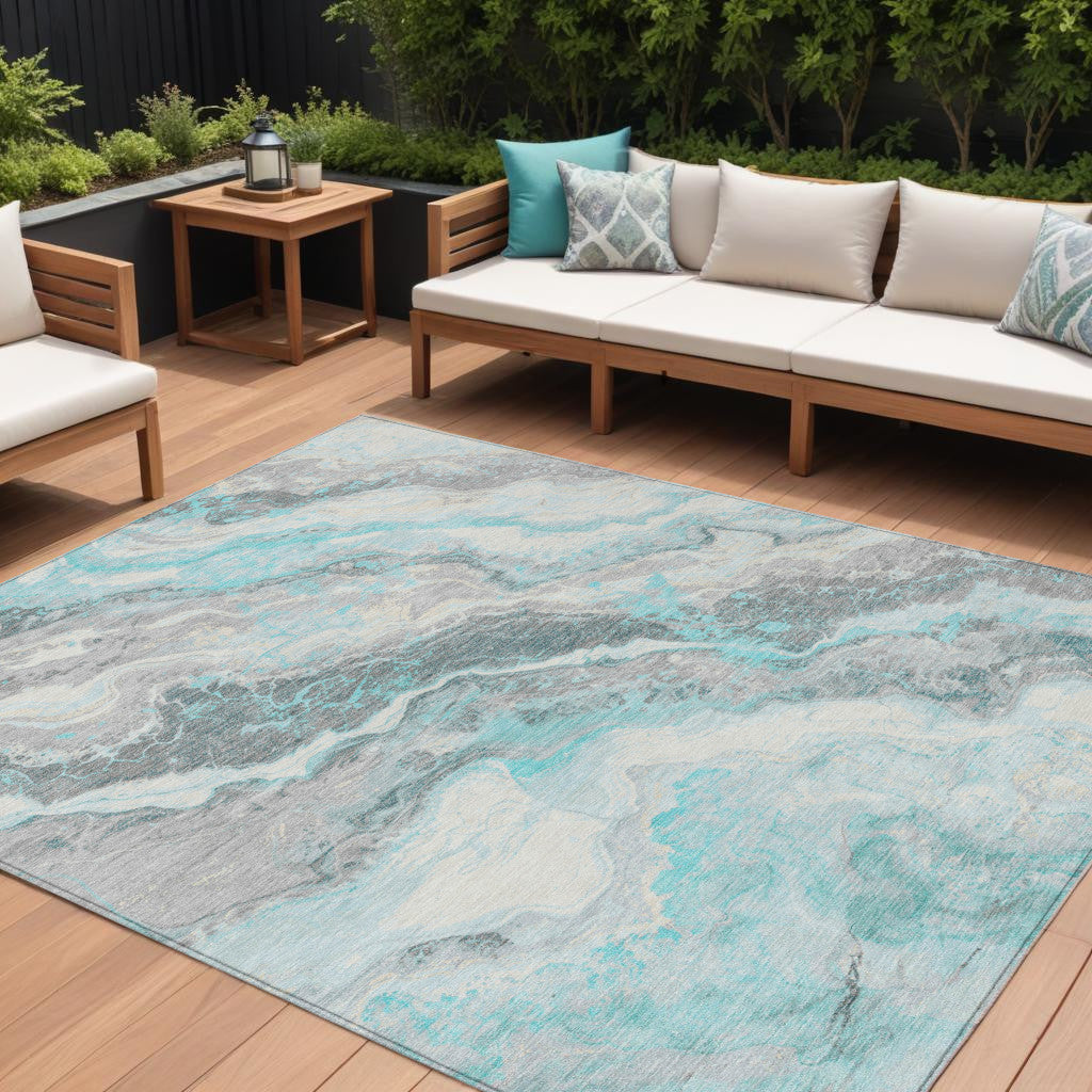10 X 14 Teal Blue And Silver Abstract Washable Indoor Outdoor Area Rug