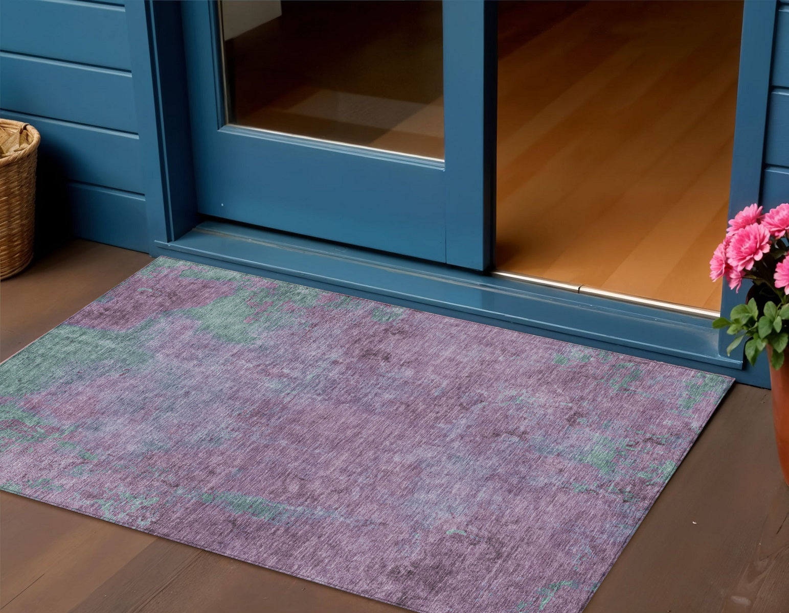 3 X 5 Lavender And Teal Blue Abstract Washable Indoor Outdoor Area Rug