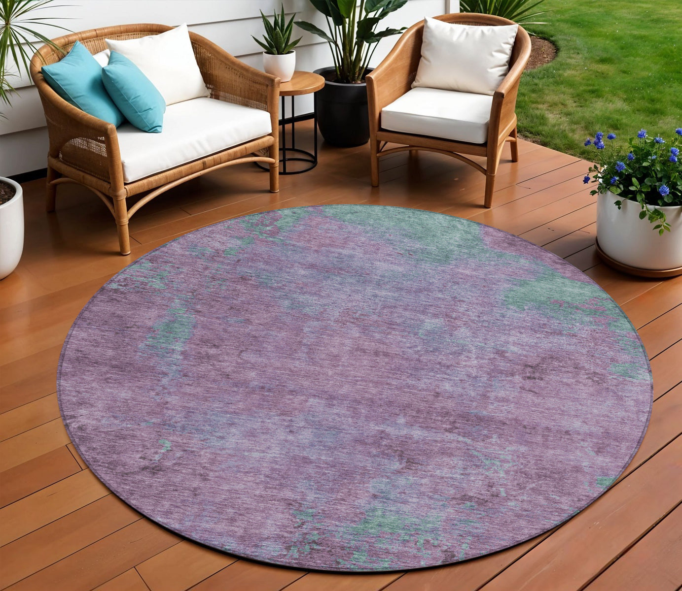 8 Lavender And Teal Blue Round Abstract Washable Indoor Outdoor Area Rug