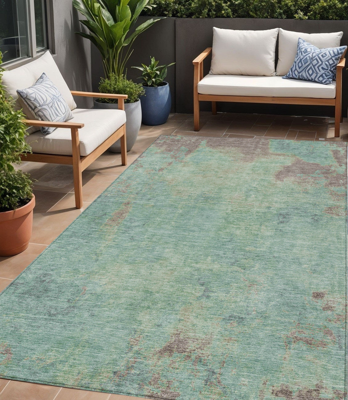 5 X 8 Pale Aqua And Taupe Abstract Washable Indoor Outdoor Area Rug