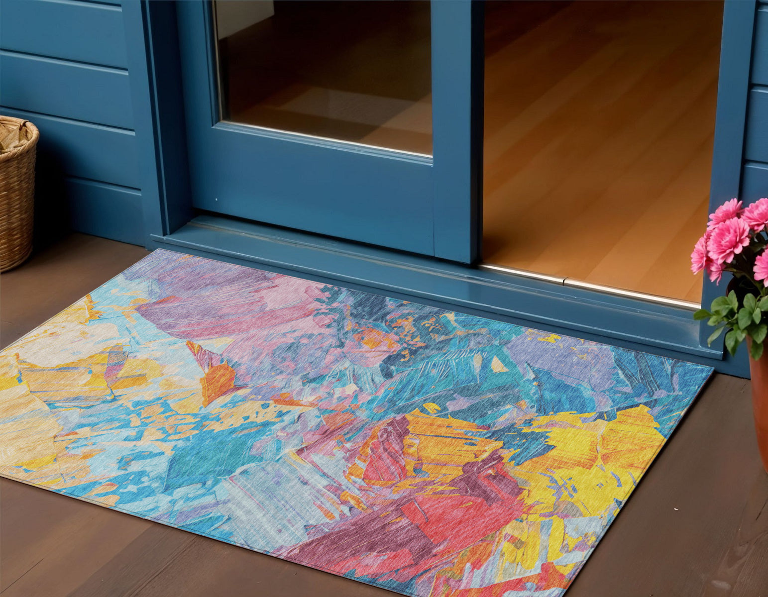 3 X 5 Blue Yellow Pink And Orange Abstract Washable Indoor Outdoor Area Rug