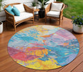 8 Blue Yellow Pink And Orange Round Abstract Washable Indoor Outdoor Area Rug
