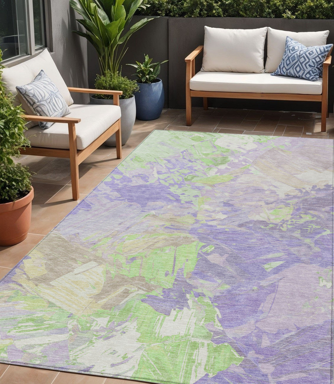 5 X 8 Lavender Mint Green And Beige Abstract Washable Indoor Outdoor Area Rug