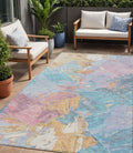5 X 8 Teal Blue Gold And Pink Abstract Washable Indoor Outdoor Area Rug