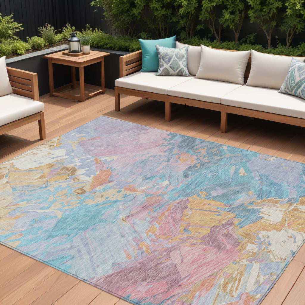 8 X 10 Teal Blue Gold And Pink Abstract Washable Indoor Outdoor Area Rug