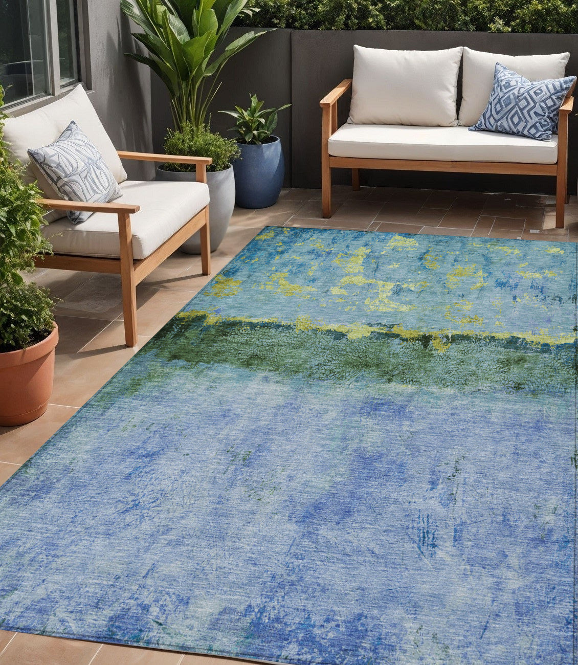 5 X 8 Blue And Lime Green Abstract Washable Indoor Outdoor Area Rug